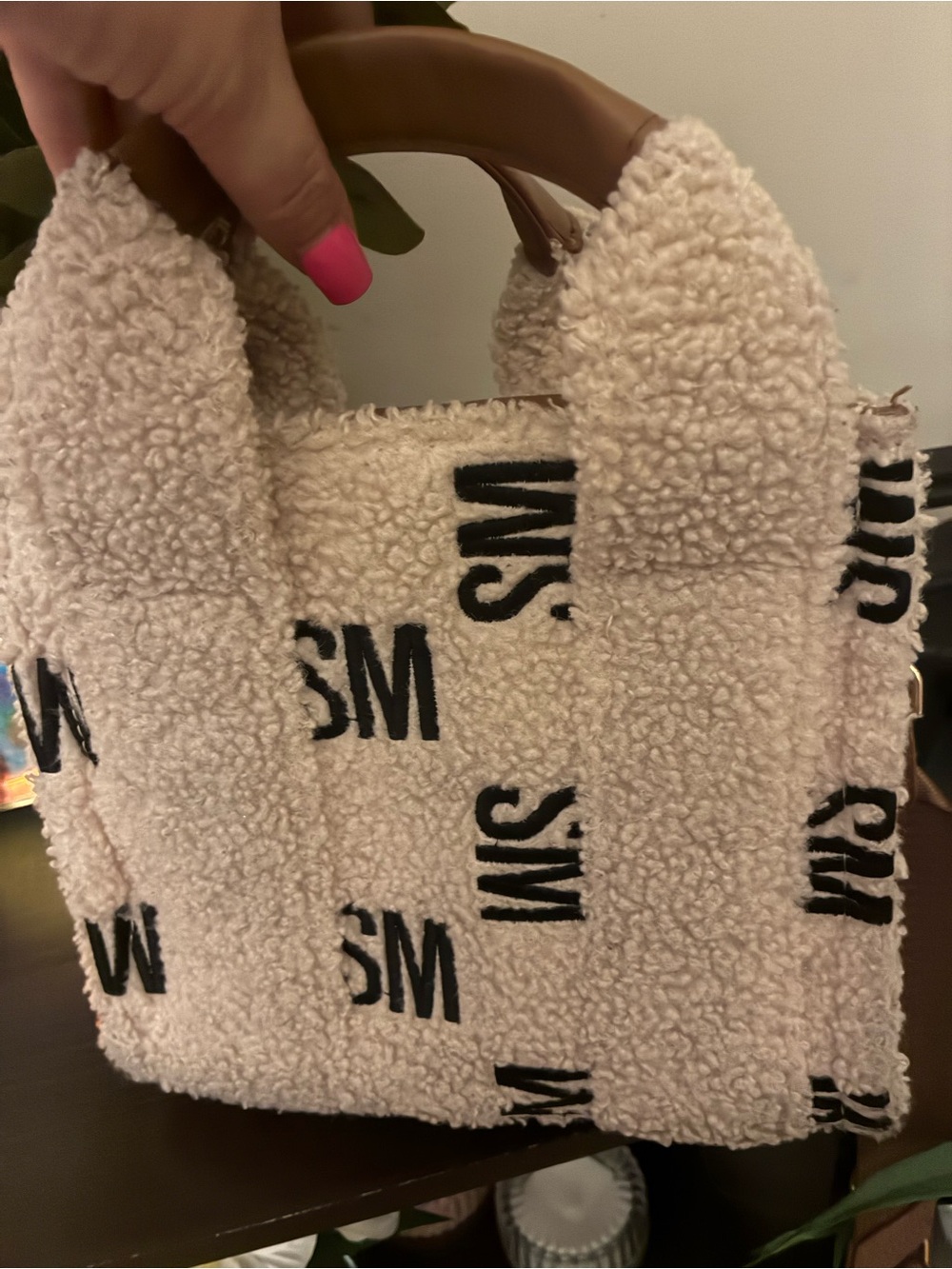 Steve Madden Cream Shearling Mini Tote with Black Logo